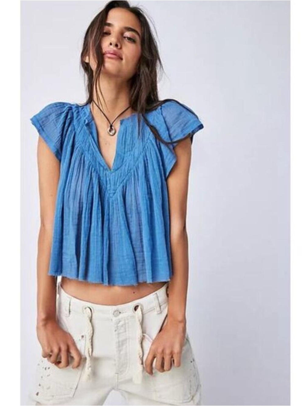 Free People FP One Dusty Blue Azure Pleated V-Neck Crop Top with Flutter Sleeves